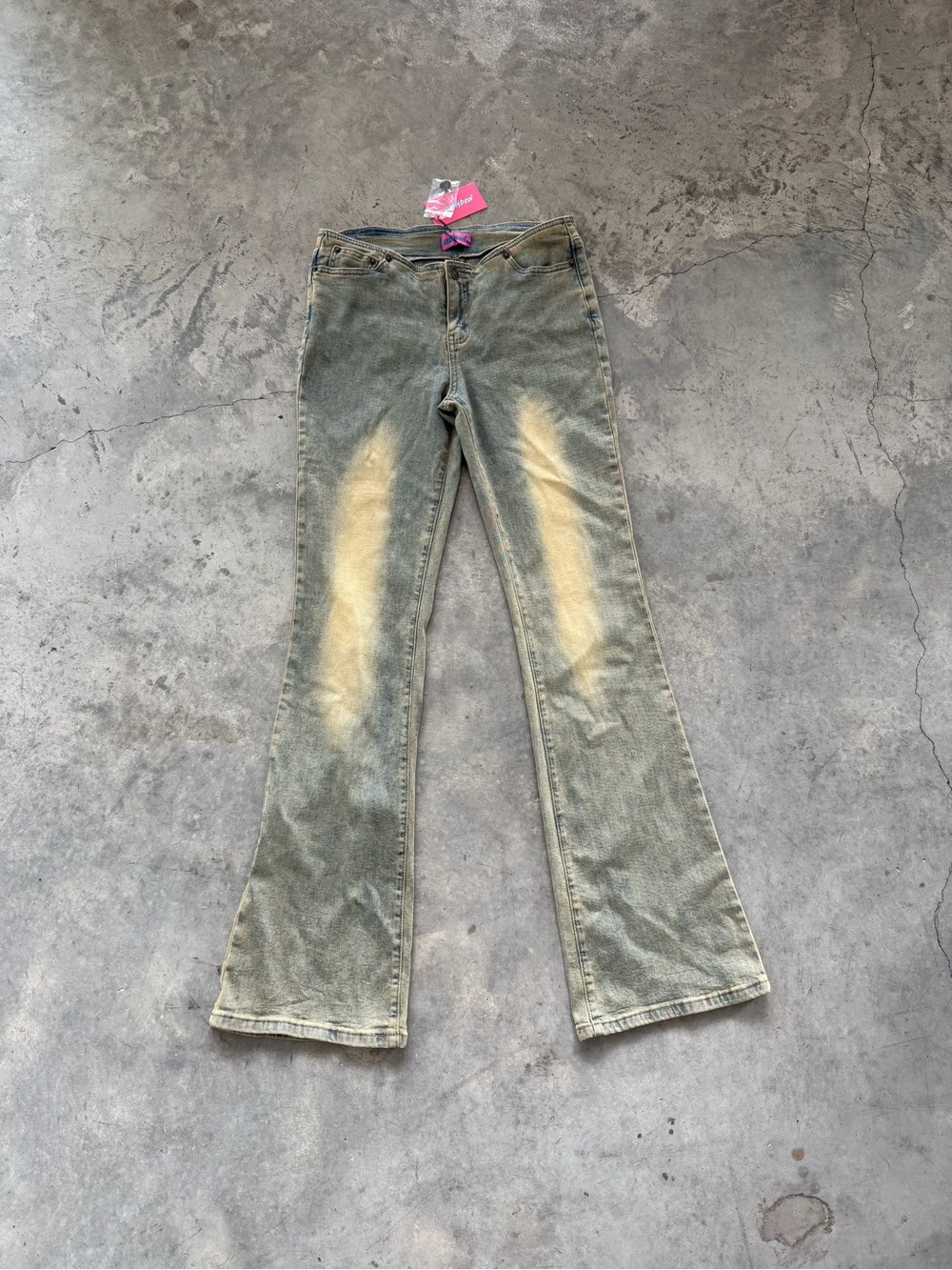 Edikted Olive Green Flare Jeans with Faded Panels